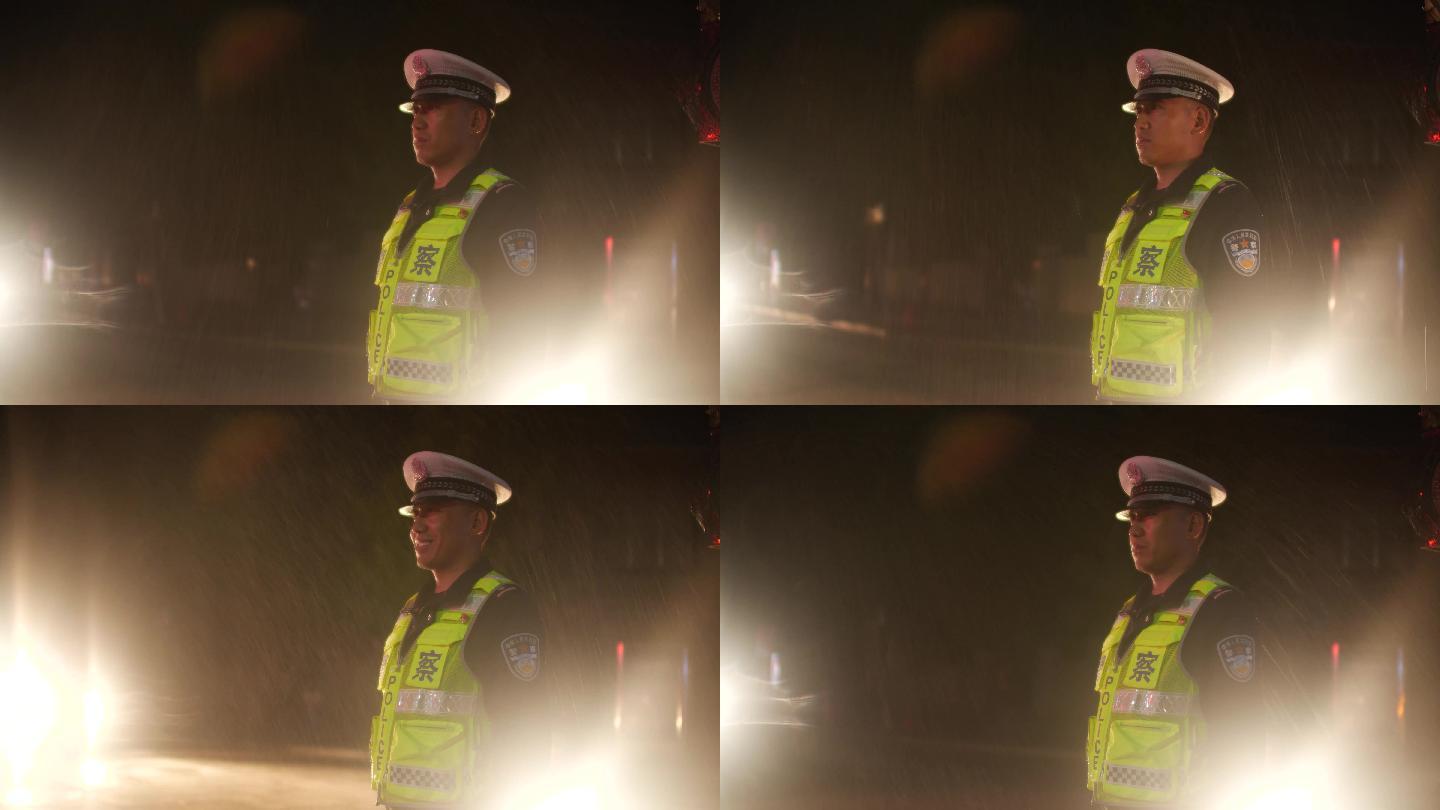 307交警执勤路边灯光下雪雨中