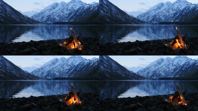 在湖边点燃篝火