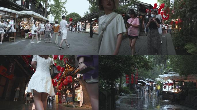 雨中锦里古镇升格视频素材