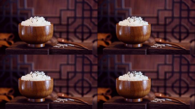 热气腾腾米饭冒热气木碗大米素材氛围黑芝麻