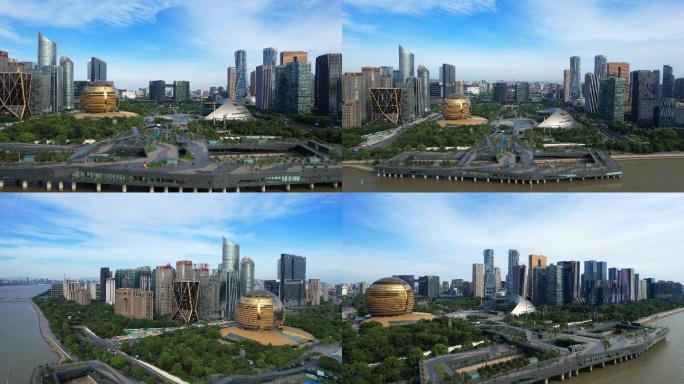 4K最新航拍杭州钱江新城城市阳台市民广场