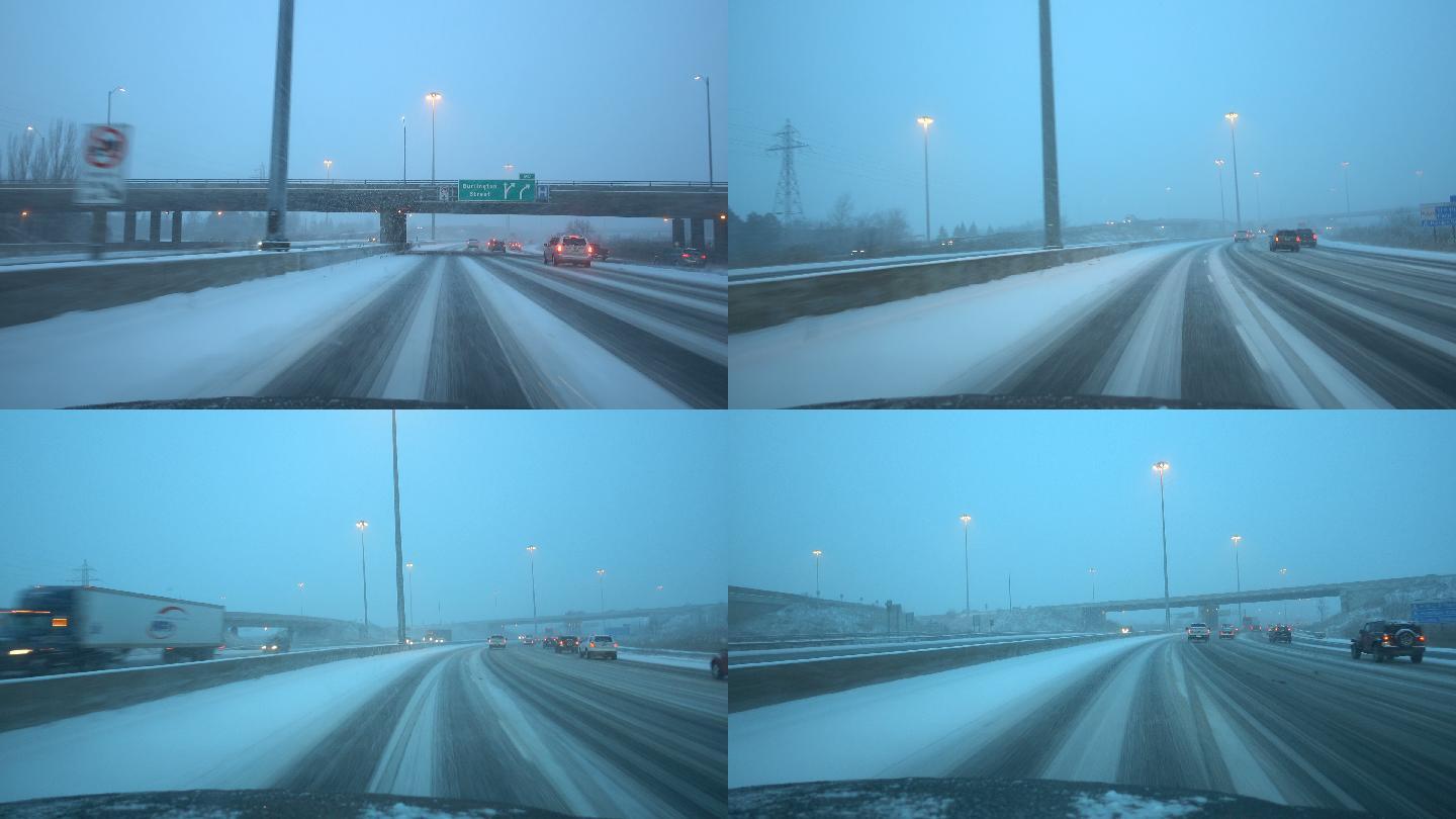 开车在积雪覆盖的高速公路上行驶