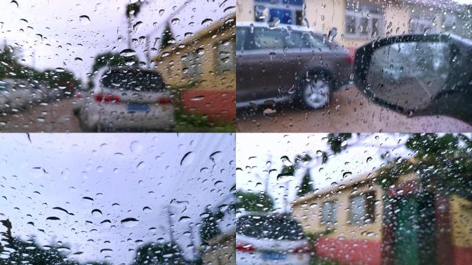 4K雨天窗户上的雨滴-车窗上的雨滴滑落