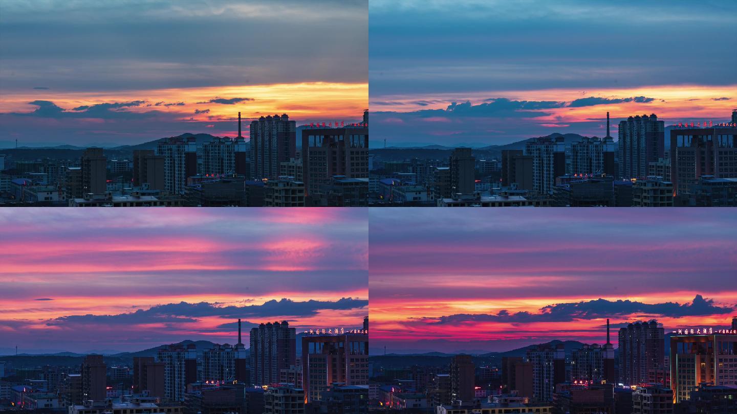 晚霞日落延時攝影原創夕陽縣城城鎮天空雲火燒雲夜景