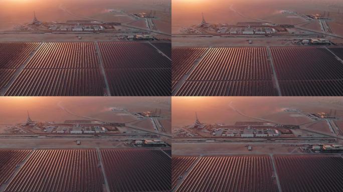 阿联酋巨大的发电厂和太阳能电池板俯视图