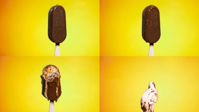 巧克力冰淇淋融化在黄色背景上