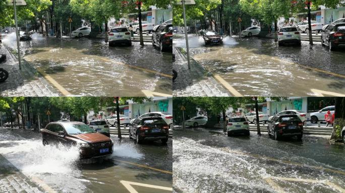 城市SUV汽车驶过雨水积水内涝街道路马路