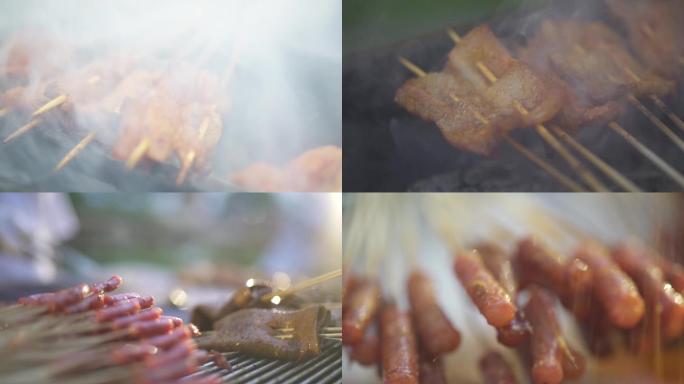 烧烤烤香肠烤串羊烤五花肉烧烤高清素材