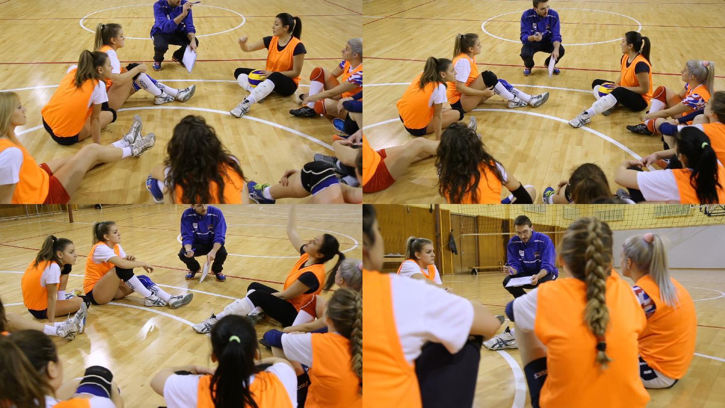 教练与球队交谈打篮球场学生运动防守体育锻
