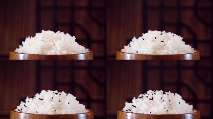 米饭木碗旋转大米宣传片素材大米特写黑芝麻