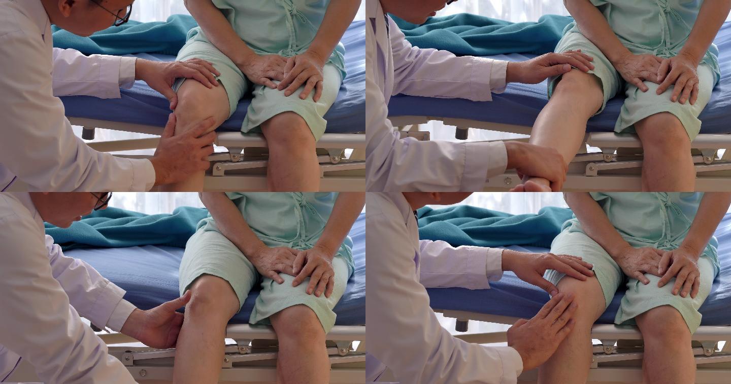 男性理疗师正在为老年女性受伤患者的腿部工作。