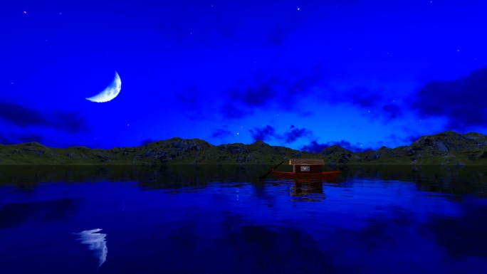 水面湖畔乌篷船倒影夜景
