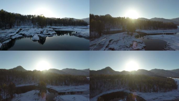 日落时飞越冬湖