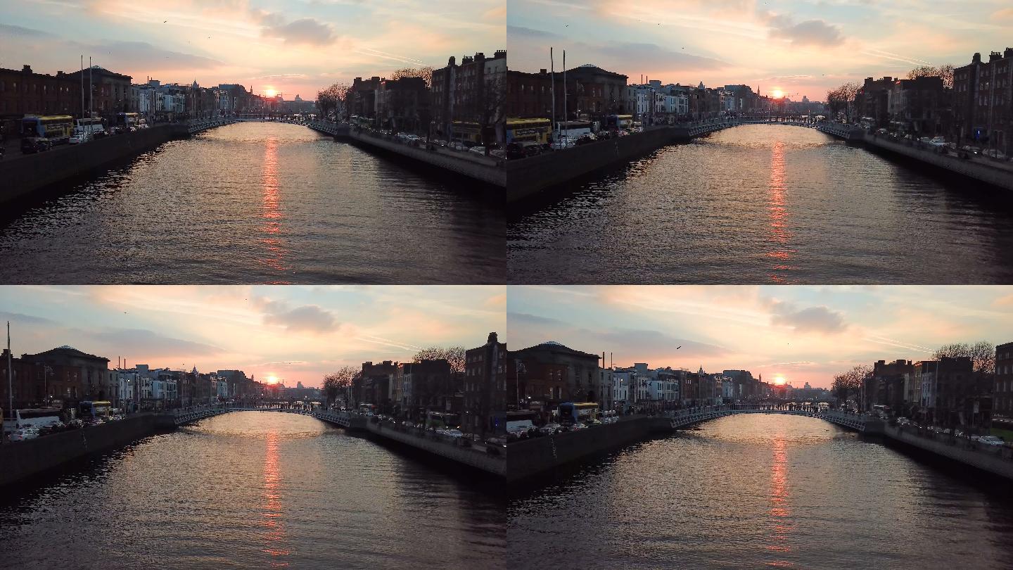 日落时都柏林市中心与利菲河的鸟瞰图