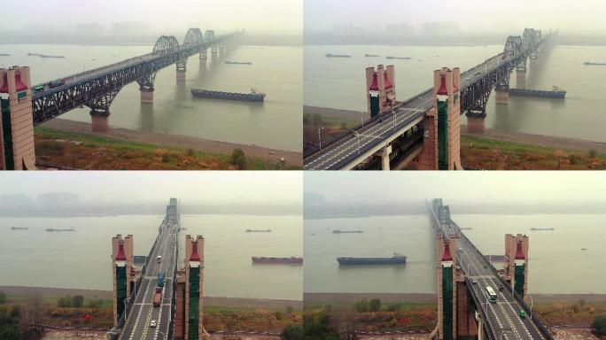 4K航拍江西九江长江大桥横移环绕长镜头
