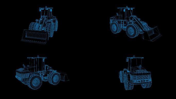 蓝色线框全息科技推土机动画带通道