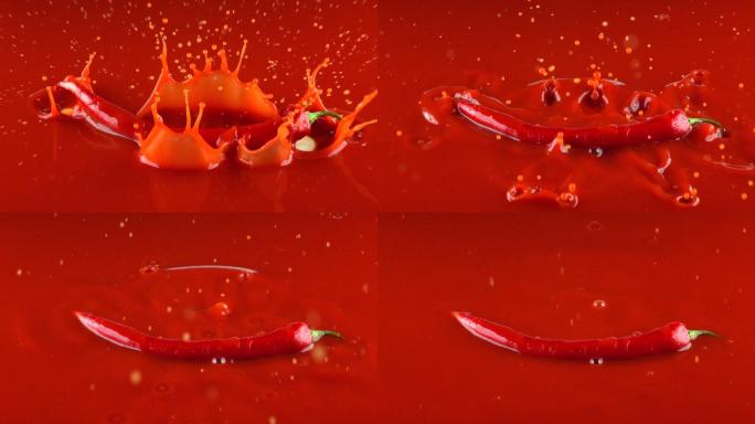 红辣椒落入红酱汁的表面