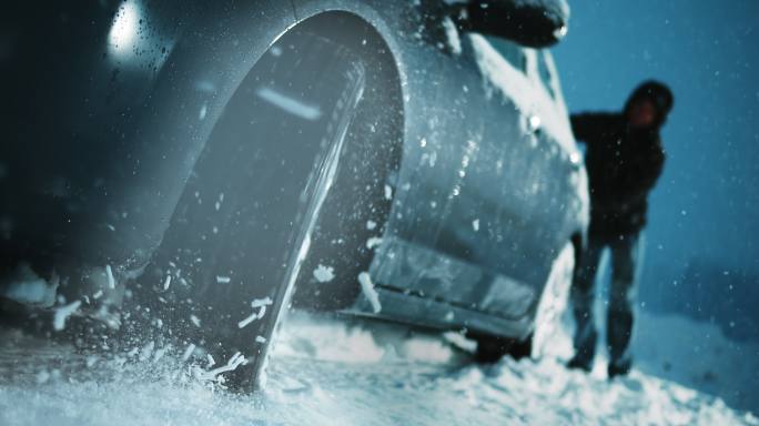 被困在雪地里的汽车车轮的慢镜头