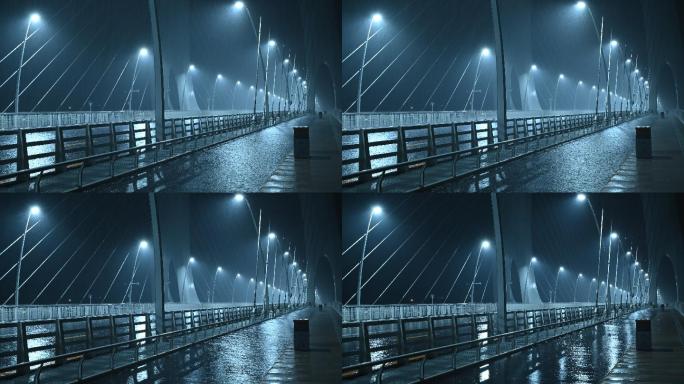 大雨骤停，深夜大桥路灯下暴雨骤停