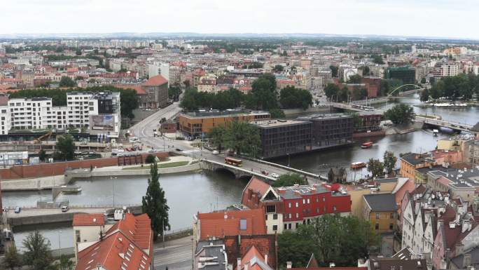 鸟瞰图：波兰弗罗茨瓦夫市的许多大桥