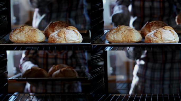 在烤箱里烤自制的面包