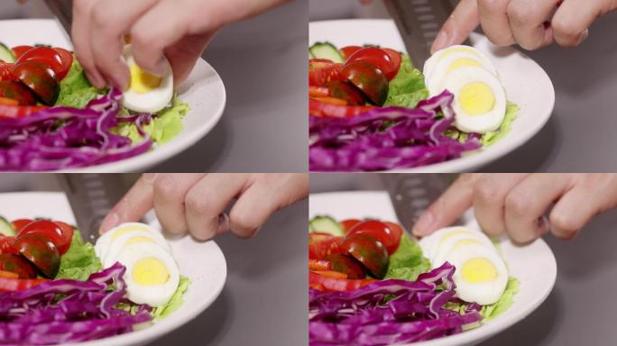 【正版素材】沙拉制作鸡蛋放入
