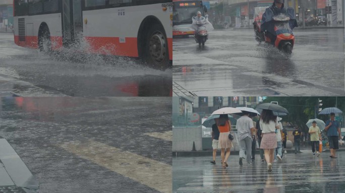 暴雨下的城市十字路口雨中行人