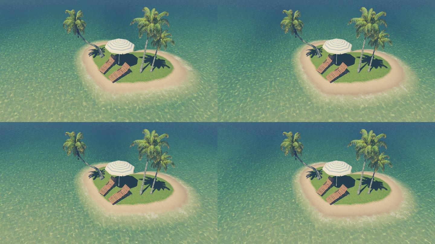心形热带岛屿，有躺椅、阳伞和棕榈树。