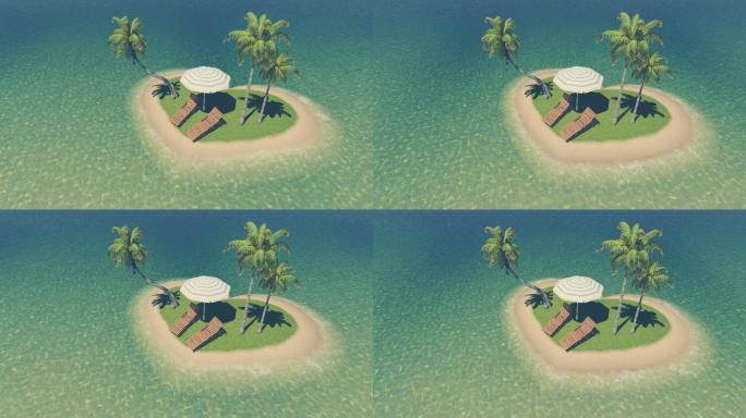 心形热带岛屿，有躺椅、阳伞和棕榈树。