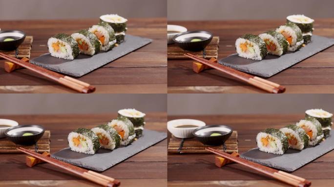 【正版素材】木桌面寿司全景横移