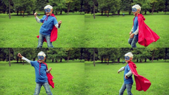 小超级英雄在公园里跳舞。