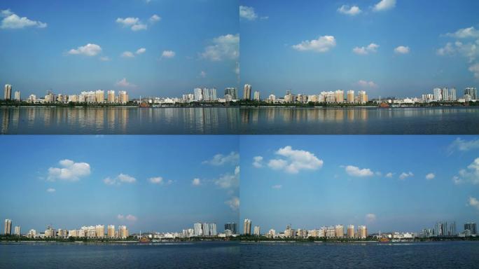 岸边城市延时拍摄白云延时汉江