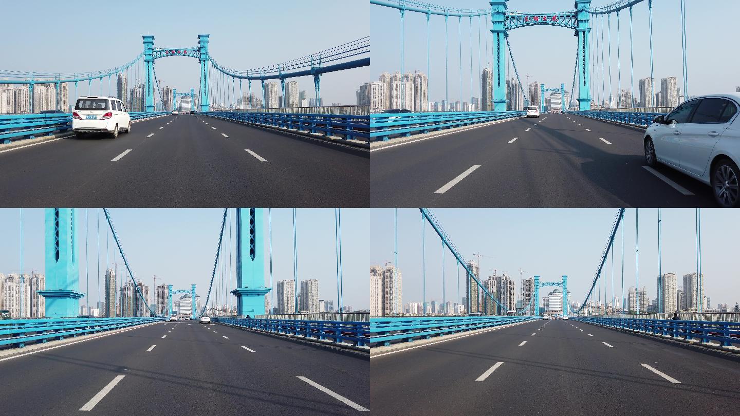 第一视角拍摄襄阳凤雏大桥悬索桥城市街景