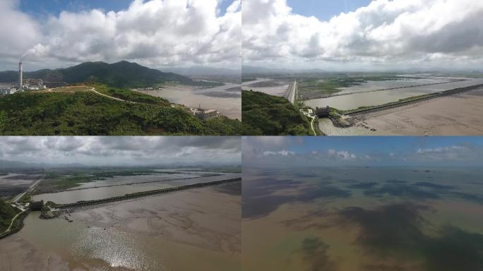 航拍浙江龙港风景区海塘大坝海堤堤坝