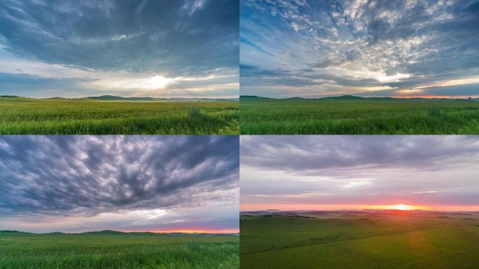 内蒙乌兰布统草原唯美日落4K航拍延时摄影