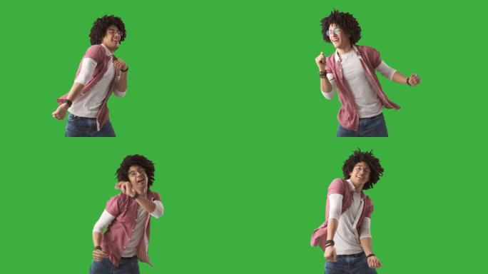 在绿色背景上跳舞的快乐男人