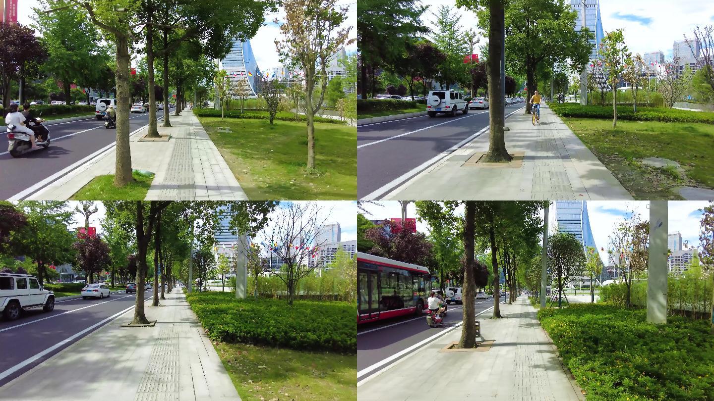 4K成都城市街道辅路人行路绿化