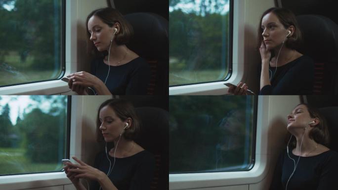 在列车上听音乐的女人