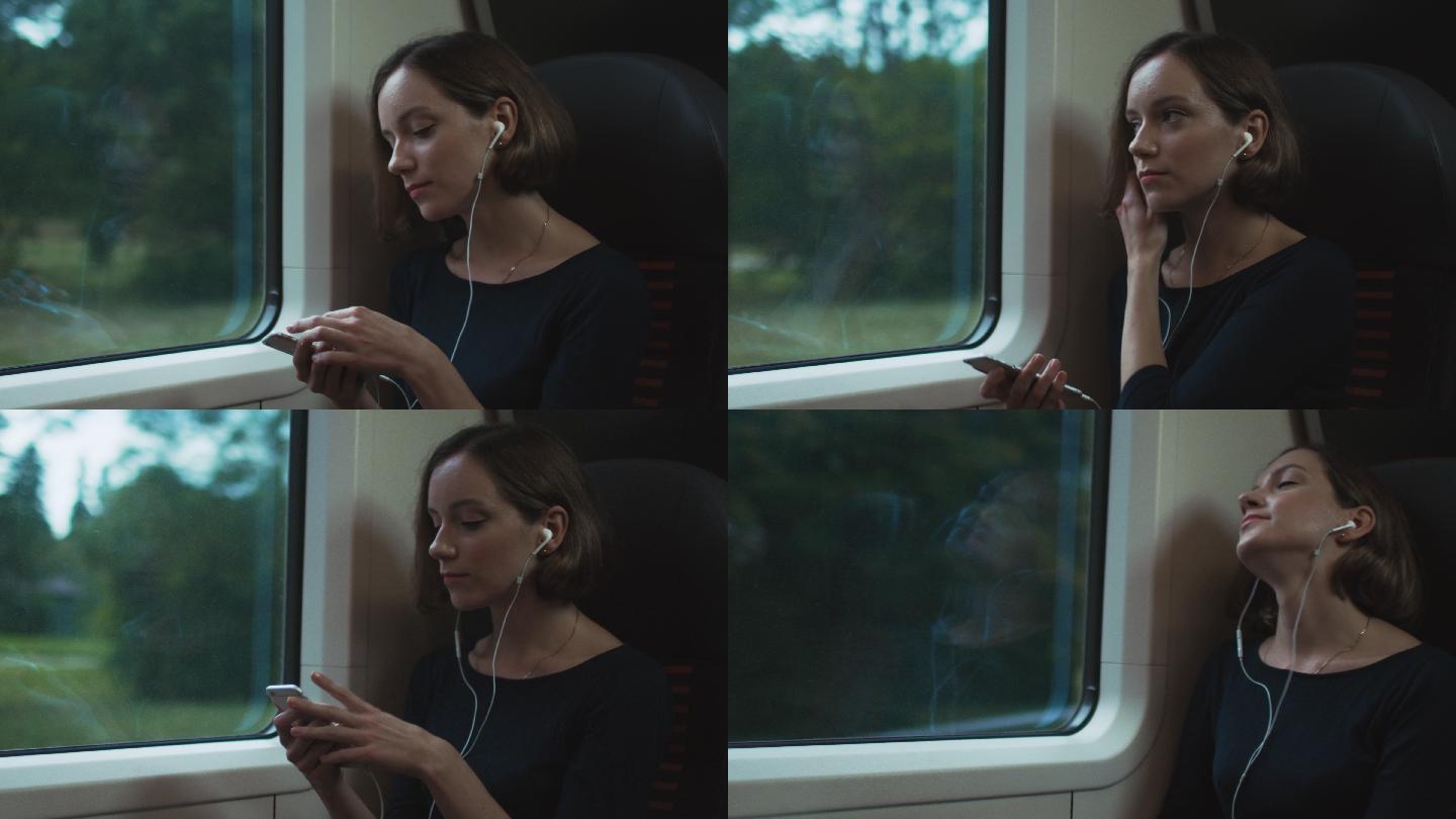 在列车上听音乐的女人
