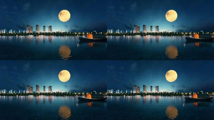 新中式地产湖边夜景写意镜头