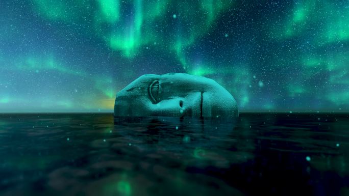 冰原南极光神秘人脸雕塑