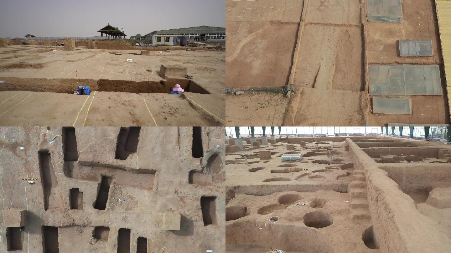 航拍实拍考古发掘遗址夯土墙坑
