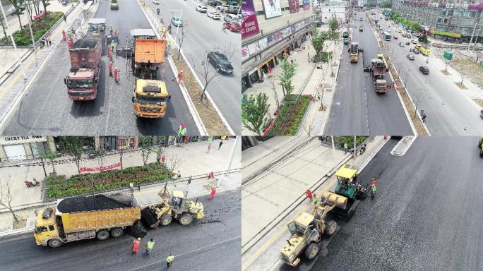 航拍大型车辆市政城市道路维修