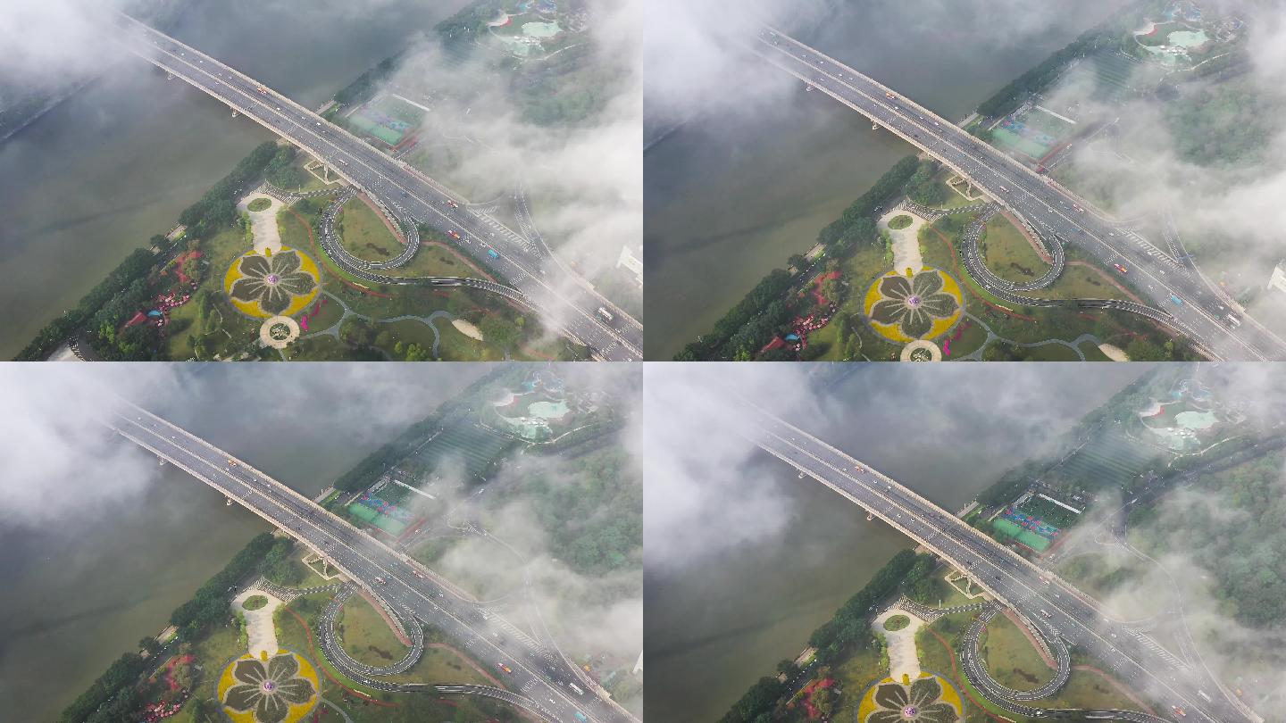 俯瞰广州二沙岛+广州大桥春天云海平流雾