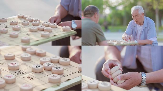 老年人早晨公园下橡棋