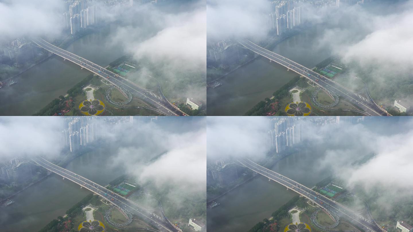 广州大桥+广州二沙岛春天早晨云海平流雾