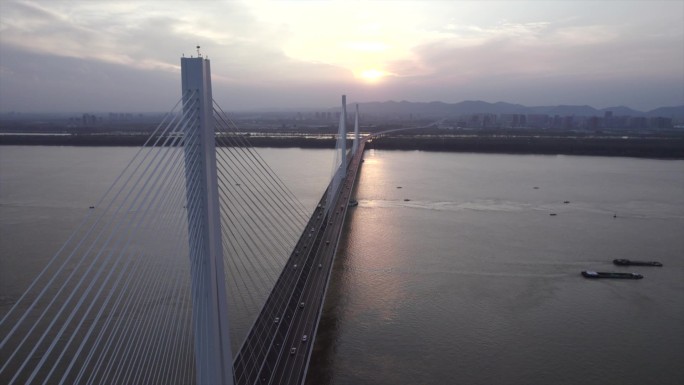 航拍夕阳下的南京长江五桥