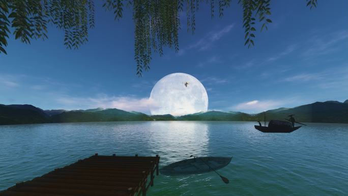 月亮慢慢升起湖畔明月 中秋背景视频