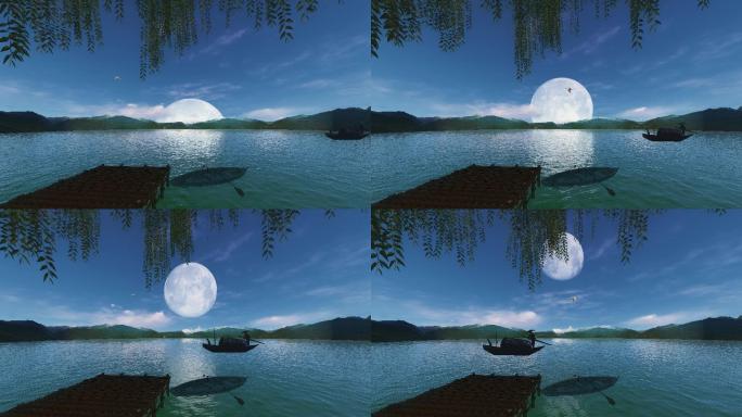 月亮慢慢升起湖畔明月 中秋背景视频