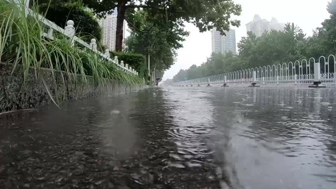城市大雨河道内涝雨中行人交通